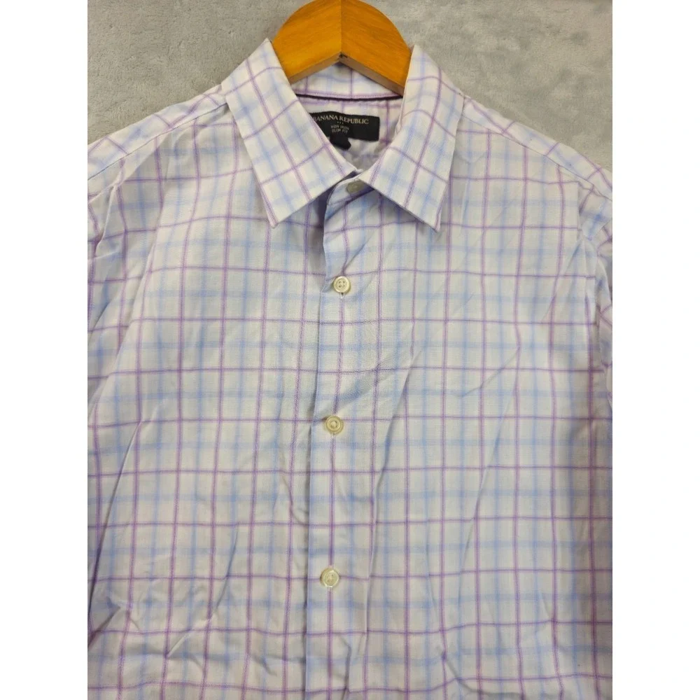 Banana Republic Slim Fit Cotton Purple Blue White Gingham Plaid Shirt Men Medium